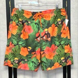 Ninja Naruto Swim Trunk Board Shorts 18” Hibiscus Jungle Print Green Orange NWT